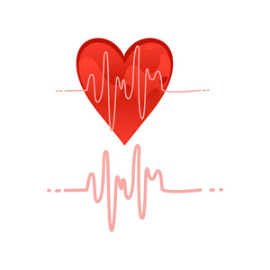 心跳图标的脉搏图在白色背景和红色卡通心形。孤立向量插图