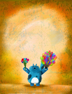 贺卡猫与花和一串气球
