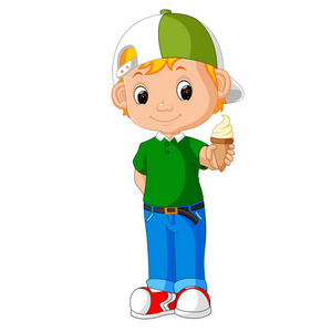 可爱的男孩卡通舔冰激淋照片