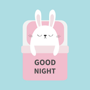 睡兔子兔子。孩子们的宠物动物收藏品。可爱的卡通人物。滑稽的头脸。床, 粉红色毯子枕头。晚安。蓝色柔和的背景。孤立.平面设计。矢量