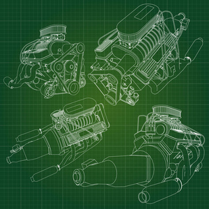 大的柴油发动机用卡车在方格纸上轮廓线所示。绿色背景上的黑色线的轮廓