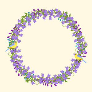 精致的花圈与详细的花朵, 鸟类, 树叶, 花瓣。矢量插图