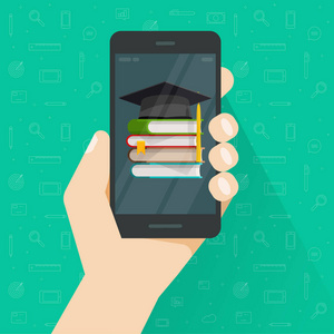 教育通过手机矢量插画, 平板卡通人智能手机与书籍帽, 网上学习的想法