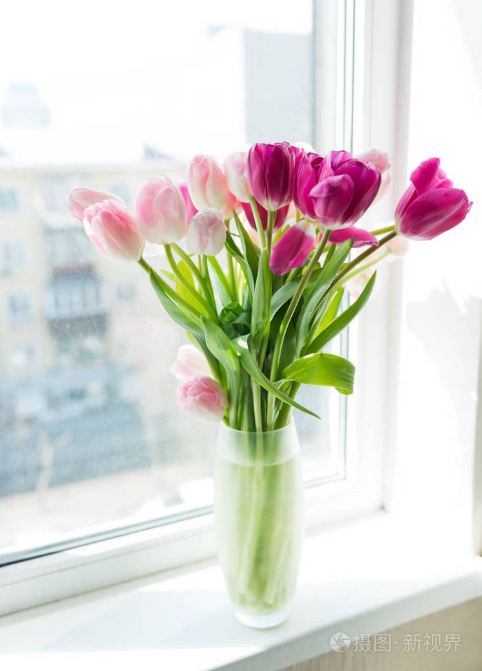 窗台上花瓶里的粉红色郁金香花束