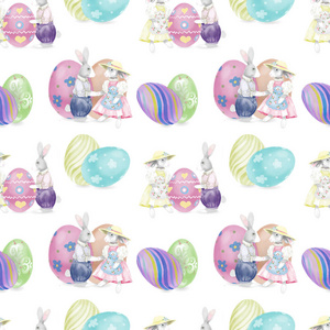 无缝的水彩复活节小兔子图案图片