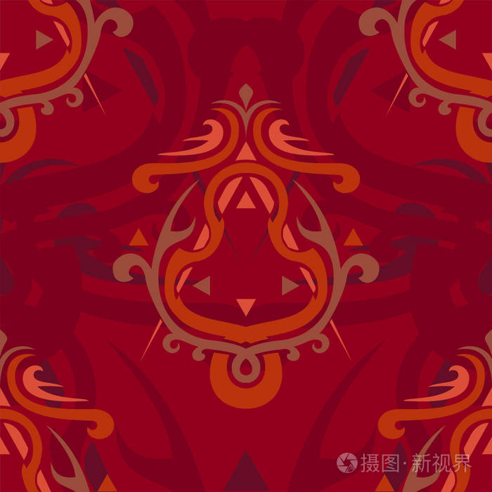 与田庄，油墨，炫彩无缝花纹形状上红色背景的元素。壁纸 纺织和印刷品的设计