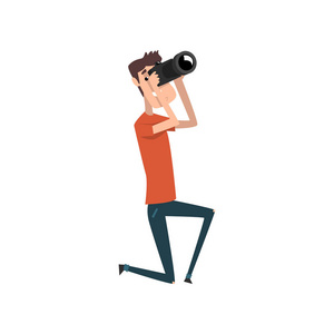 专业男性摄影师与相片照相机拍照媒介例证在白色背景照片