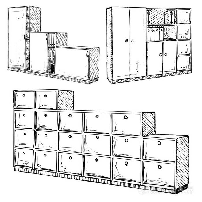 餐椅, 餐桌, 衣柜孤立在白色背景上.在素描风格的矢量图