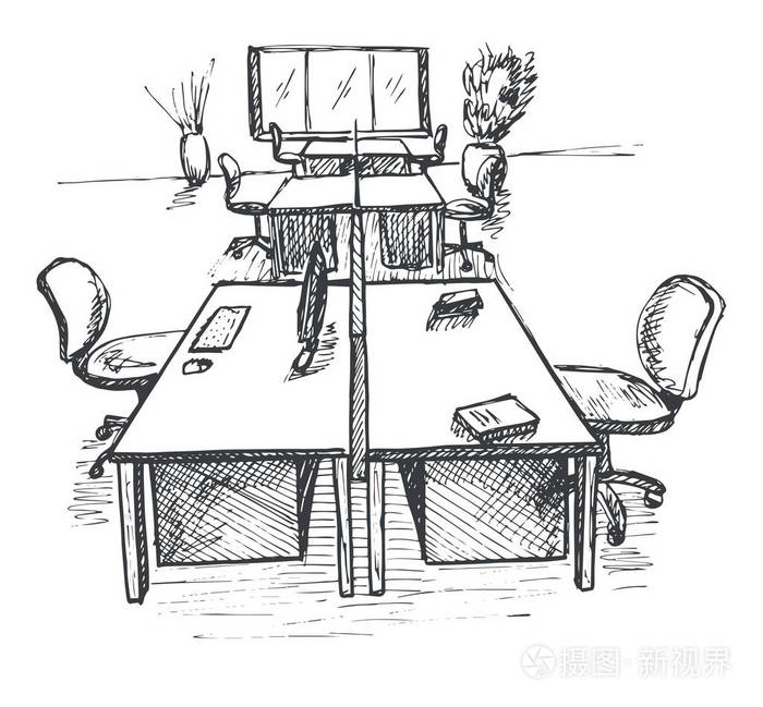 插画 矢量图 开放空间办公室.工作场所的户外活动.桌子, 椅子和窗.eps