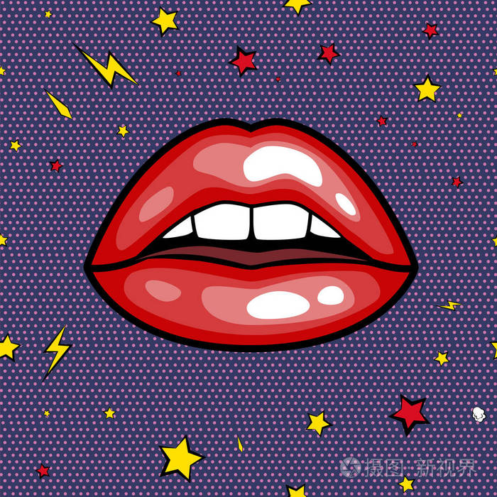 时尚女孩嘴唇与卡通波普艺术风格的红色唇膏修补徽章,很酷的复古收集