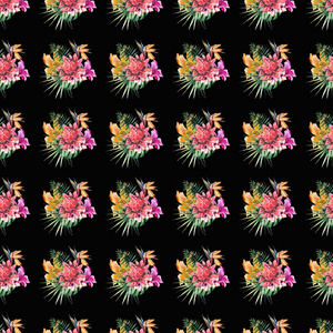 美丽明亮可爱多彩热带夏威夷花卉草药夏天模式热带花卉芙蓉兰花和棕榈树的叶子在黑色背景水彩手绘