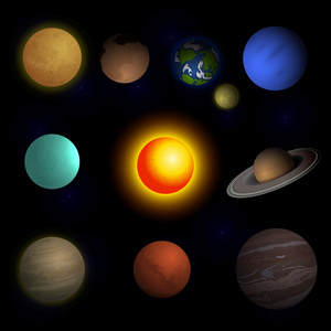 矢量图行星太阳系和黑色的空间背景上的太阳