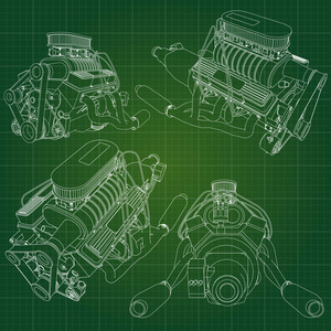 大的柴油发动机用卡车在方格纸上轮廓线所示。绿色背景上的黑色线的轮廓