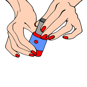 女性在年轻双手一粉红色指甲油瓶。矢量