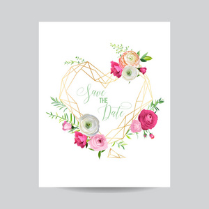 婚礼请柬花模板。保存日期心脏框架与地方为您的文本和粉红色的花朵。贺卡, 海报, 横幅。矢量插图
