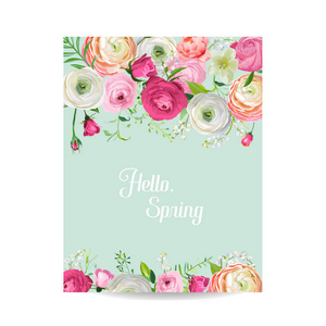 您好春天花卉贺卡为节日装饰。婚礼请柬, 用盛开的粉红色花朵问候模板。矢量插图