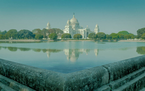 美丽的景色, 维多利亚纪念馆, 加尔各答, 加尔各答, 西孟加拉, 印度。纪念维多利亚女王在印度统治25年的印度建筑历史纪念碑