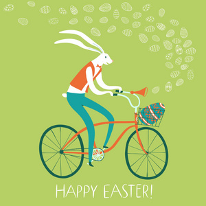 自行车用礼物在篮子里的鸡蛋复活节兔
