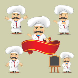 向量集的厨师在不同的位置。卡通厨师烹饪和保持食物的托盘