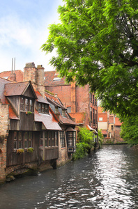 沿运河在比利时布鲁日的中世纪建筑