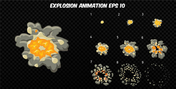矢量分解。爆炸与烟雾效果动画。卡通爆炸帧。爆炸的雪碧工作表