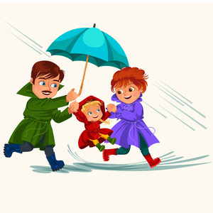家庭夫妻带着雨伞走在手里, 雨滴滴落在水坑里, 爸爸和妈妈牵着婴儿的手, 情侣在雨下的云彩矢量插画