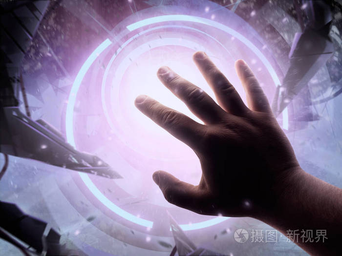 男性第一人称观看手保护从攻击外星人爪与明亮的光照耀他的例证
