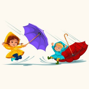孩子们走在雨下的天空下带着雨伞, 雨滴滴入水坑, 雨中的男孩和女孩在防水夹克和橡胶靴跳过水矢量图