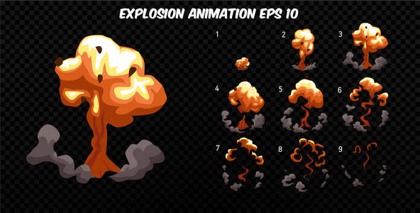 矢量分解。爆炸与烟雾效果动画。卡通爆炸帧。爆炸的雪碧工作表