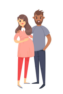 年轻的夫妇。手绘白色孕妇和黑人。平面样式矢量插图家庭。孤立在白色背景上的卡通人物