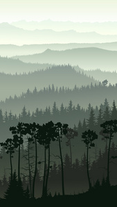 雾气弥漫的森林群山的垂直插图
