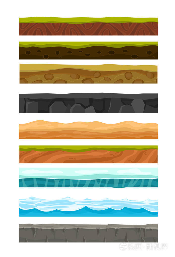 平板式草层,岩石和地下图案叶片的卡通土壤和土地前景区的采集