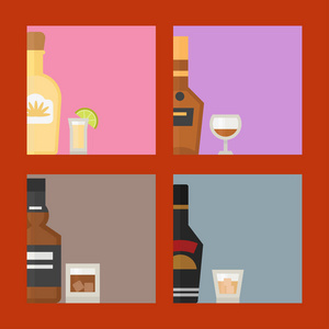 酒精饮料饮料鸡尾酒卡喝瓶啤酒饮料容器和菜单醉酒的概念不同瓶和眼镜矢量图