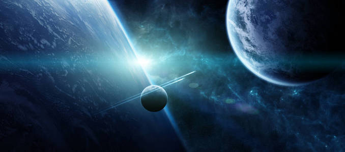 在遥远的行星系统在空间三维渲染元素日出