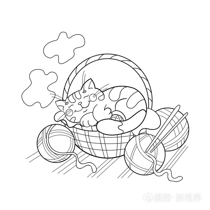 着色页大纲的可爱猫咪睡在一个篮子里插画-正版商用图片0nfnqx-摄图新