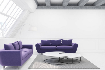 表和两个紫色沙发