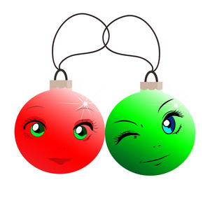 有趣的圣诞球在卡通风格。红色和绿色的球