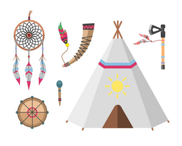 狂野的西部印第安设计元素传统艺术理念与本土部落民族羽毛文化装饰设计矢量图