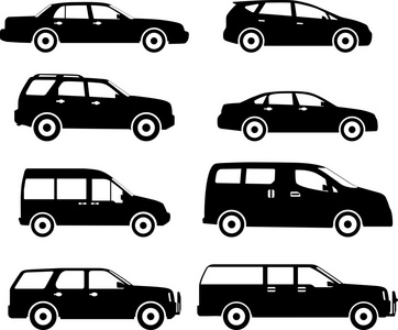 一整套不同的剪影孤立在白色背景上的汽车。矢量图
