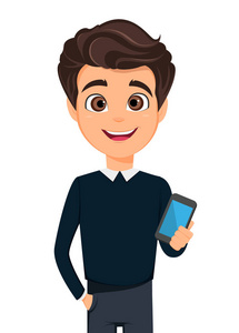 年轻英俊的商人,智能的休闲服装,拿着智能手机-股票矢量照片