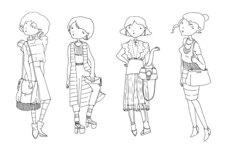 矢量集用手绘制时尚女孩穿休闲服.夏天看看,好为年轻时髦女性.