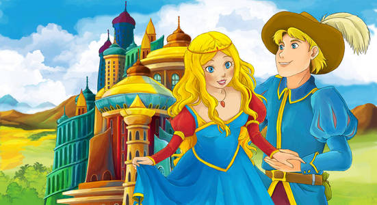 卡通场面与年轻王子和公主在中世纪美丽的城堡附近例证为孩子