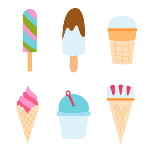 设置冰卡通多彩奶油甜点矢量插画巧克力食品甜冷孤立的图标小吃锥美味
