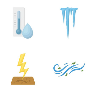 湿度 冰柱 雷电 大风天气。天气在卡通风格矢量符号股票图 web 设置集合图标