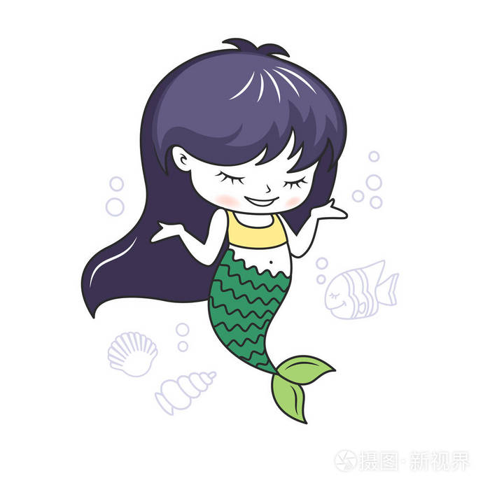 可爱的小美人鱼与鱼和海贝壳