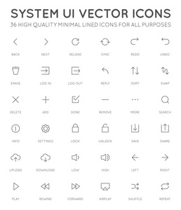 系统用户界面 Ui 矢量图标集。高质量最小内衬的图标为所有目的的