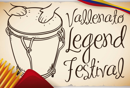 手绘储蓄银行 Vallenata 与手风琴 Vallenato 传奇节, 矢量插画