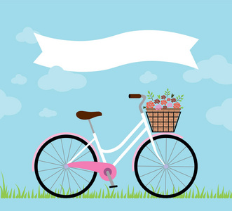 白色和粉红色的自行车与一个柳条篮与玫瑰在蓝色背景与一个题字的白色丝带
