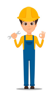 英俊的维修工人拿着扳手和显示 ok 的手势.可爱的卡通人物修理工.