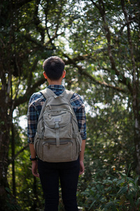 年轻的时髦男子徒步旅行者休息, 而徒步旅行欣赏野生山区的森林景观